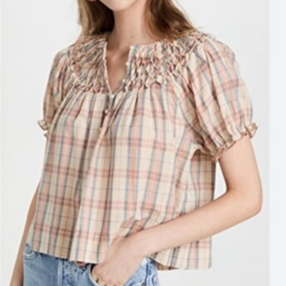 THE GREAT. Beige and Pink Plaid Smocked Blouse size 2